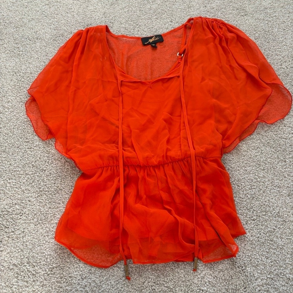 Akiko Silk Top Womens S Orange Flutter Sleeve Layered Artsy Retro Fairy